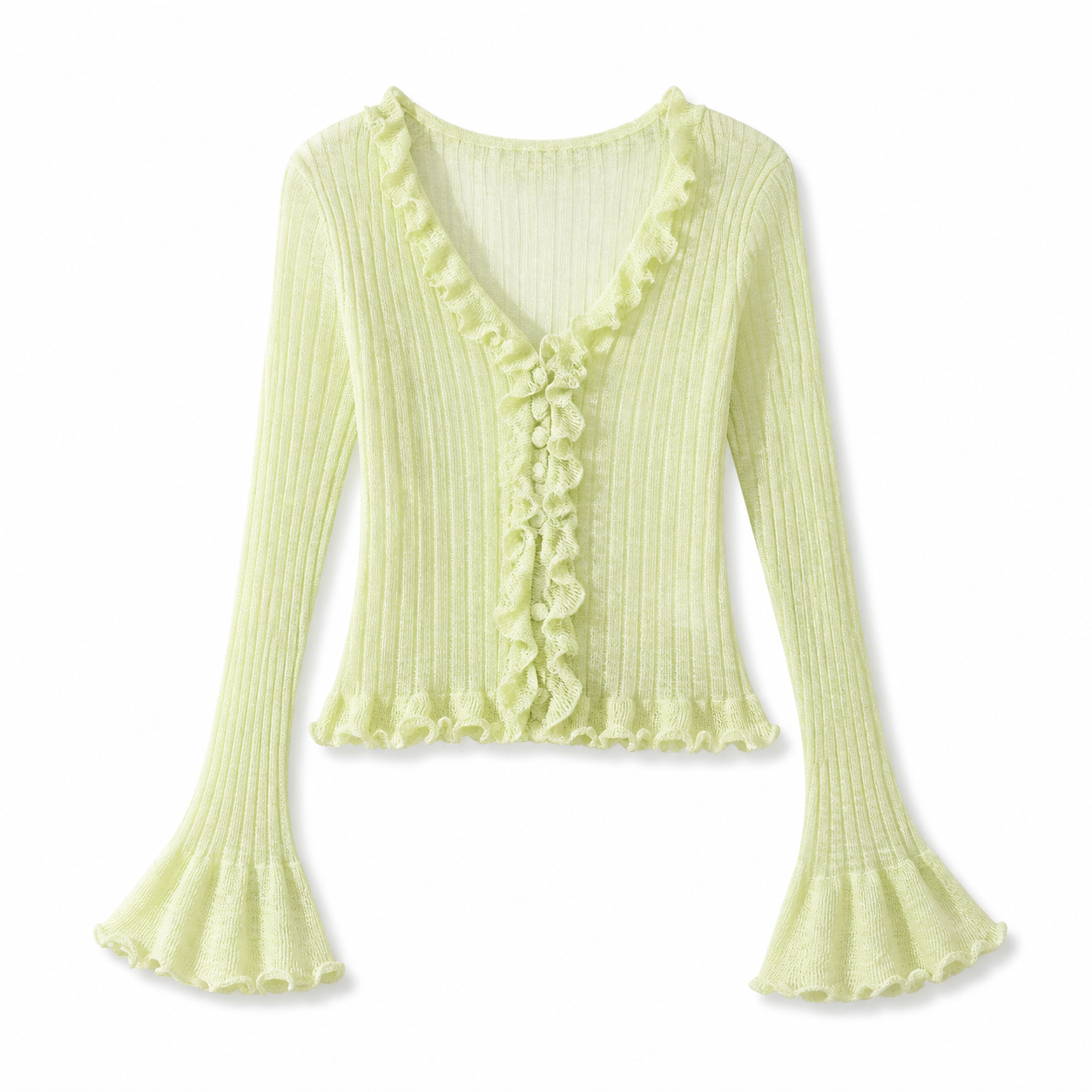Lightweight ruffle rib-knit cardigan
