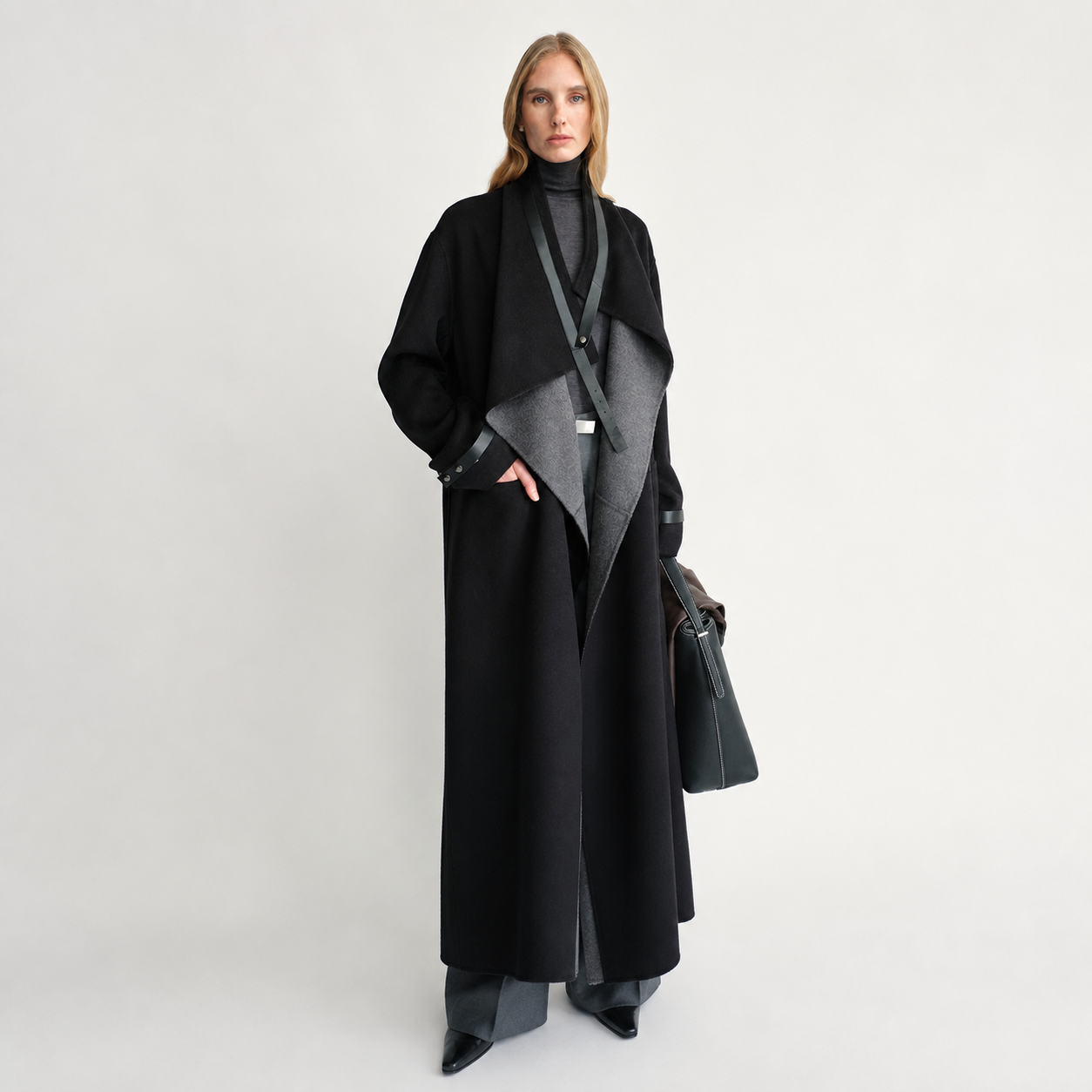 Black front view of reversible scarf-collar coat APP-003