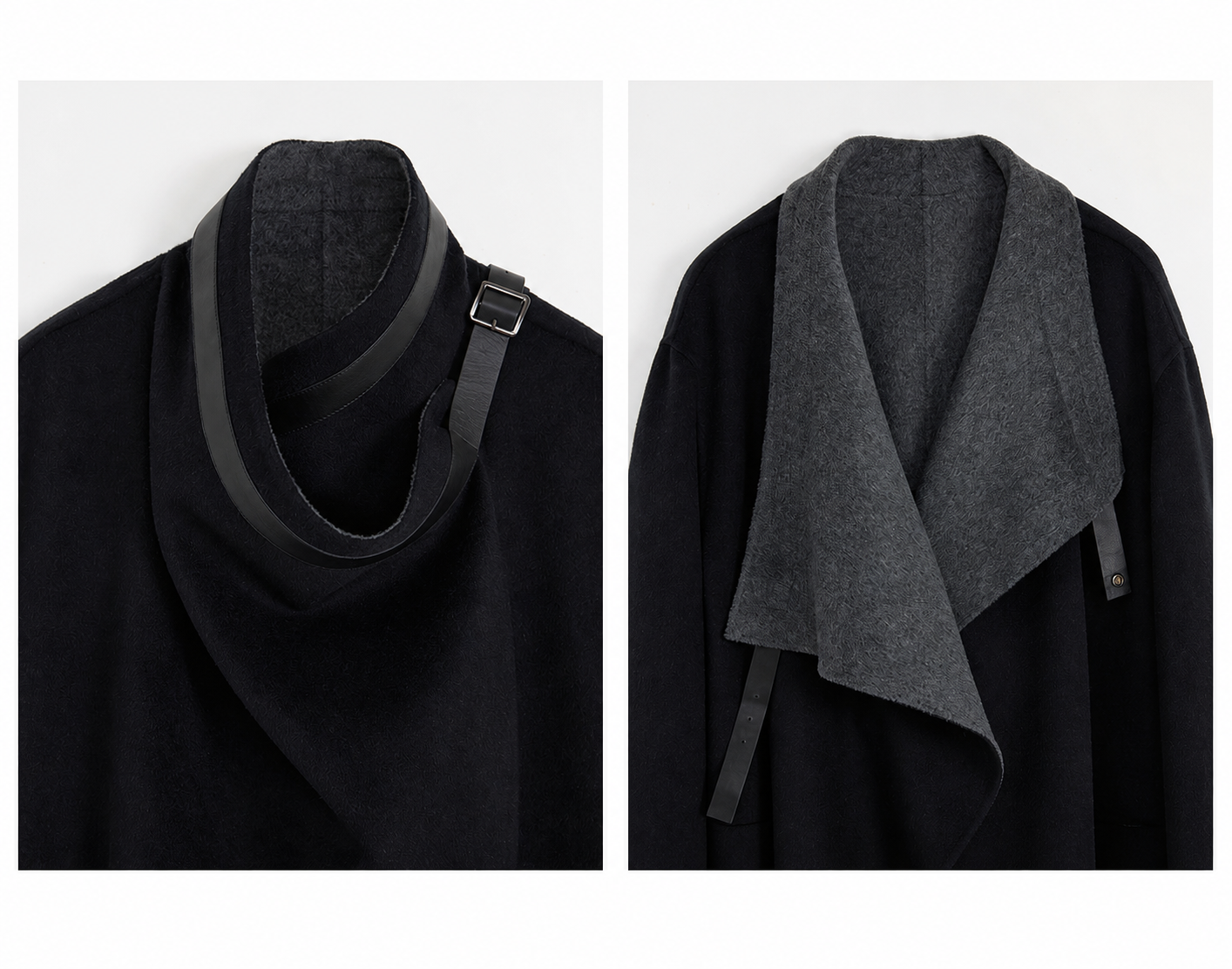 Reversible scarf collar and leather neck strap detail