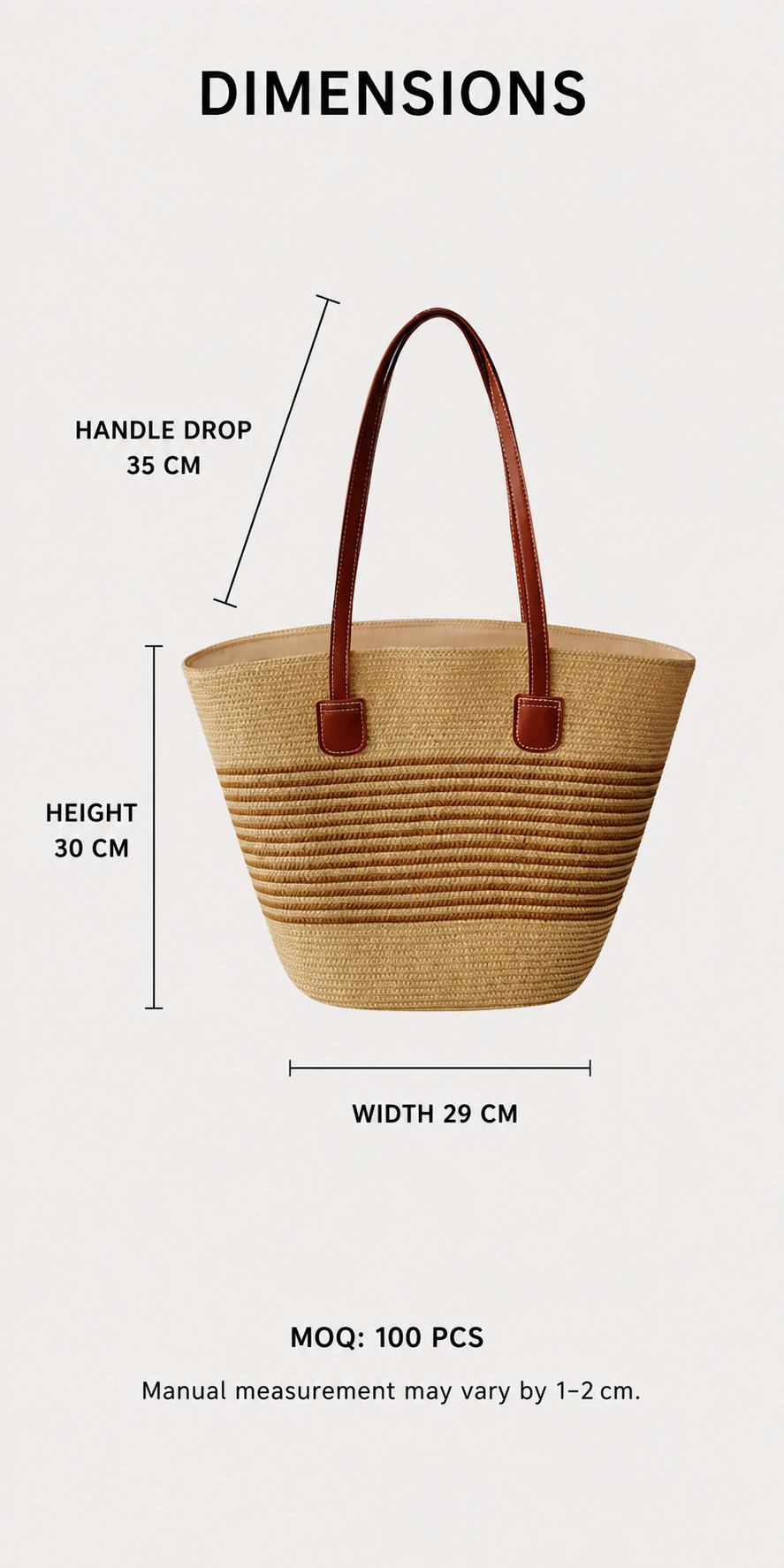 BAG-001 dimensions and minimum order quantity